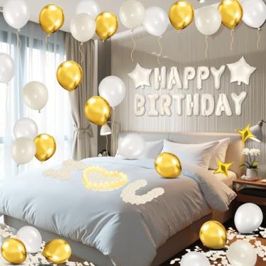 Imagem de White Gold Happy Birthday Balloons Decorations Cream White Gold Birthday Balloon Letters Banner with 6 Pcs Star Balloons White Artificial Rose Petal 24 Flameless LED Candles for Room Hotel Party Decor