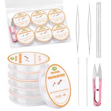 Imagem de Bupete 6 rolos de corda transparente de 1 mm, cordão elástico para fazer pulseiras, cordão elástico com tesoura, agulhas de miçangas para pulseiras, fabricação de joias