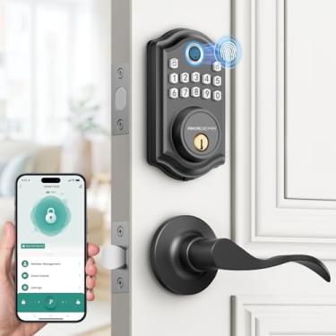 Imagem de AkaGear DS10 Pro Fechadura de porta de entrada sem chave com alça - 2 maçanetas, controle de aplicativo Bluetooth, fechaduras de porta de impressão digital, fechadura de fechadura de teclado