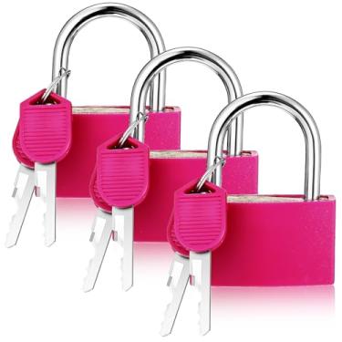 Imagem de Gjinxi 3 cadeados de armário de academia com chave, trava de armário rosa de alumínio pequenos com 4,16 cm de largura, cadeado impermeável para galpão, portão, bagagem, mochila, mala, caixas e unidade
