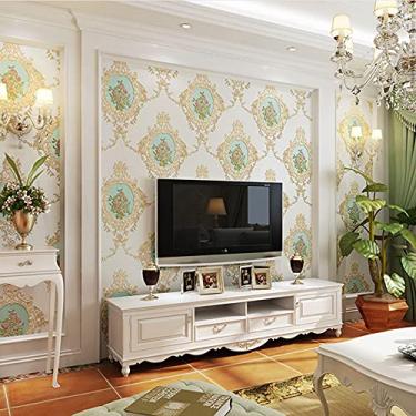 Imagem de Papel de parede autoadesivo não tecido estilo europeu simples 3D em relevo adamascado versão AB papel de parede sala de estar quarto cabeceira TV fundo parede 21 polegadas Wx236,22 L Retire e cole (creme A)