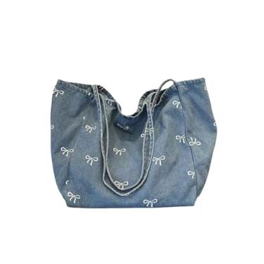 Imagem de GORGLITTER Bolsa feminina com laço jeans fofa bolsa de ombro estética de grande capacidade, Azul, one_size