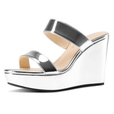 Imagem de Aachcol Sandálias femininas sem cadarço plataforma plataforma bico aberto salto alto duas tiras plataforma mules slides formatura verão sapatos sociais 3,9 polegadas salto, Prata, 41