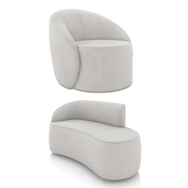 Imagem de Sofá 2 Lugares Orgânico 140cm Morgan e Poltrona Lua Veludo Cinza D03 - D'Rossi