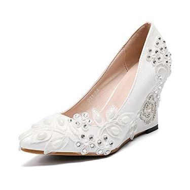 Imagem de Bigfanshu Sandálias femininas de salto 2021 salto alto salto inclinado pontiagudo sapatos únicos flash diamante renda casamento sapatos simples sapatos únicos, Branco, 5