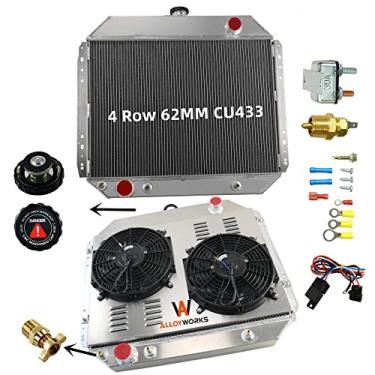 Imagem de ALLOYWORKS Kit de termostato de ventilador de radiador de alumínio de 4 fileiras para motor Chevrolet 1966-1979 Ford F100 F150 F250 F350 Bronco V8 Chevy, AT/MT, radiadores de fluxo descendente