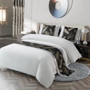 Imagem de Cachecol para cama de hotel, moderno, com estampa de penas, decorativo, macio, não desbota, protetor de colcha, luxuoso, simples, para cama de solteiro, queen, cama king size - Preto||Apenas 2 fronhas