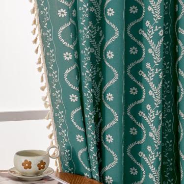 Imagem de Cortinas boho florais para sala de estar, 2 painéis, 248 cm de comprimento, cortina de linho para quarto de fazenda, cortinas de cozinha, cortinas bege com estampa de videira azul-petróleo para o