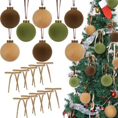 Imagem de ICBOX 15 bolas de veludo de Natal a granel 8 cm ornamentos flocados vêm com 10 peças de laços de veludo para árvore de Natal para decoração de mesa de guirlanda de guirlanda de mesa (marrom, verde