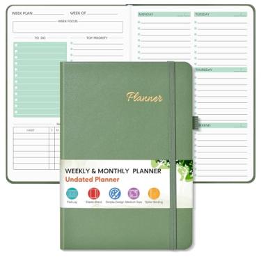 Imagem de Agenda semanal e mensal de capa dura sem data, caderno semanal de tarefas com organizador de rastreador de objetivos e hábitos, agenda de calendário semanal simplificado com encadernação espiral, 14,6