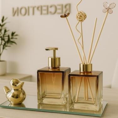 Imagem de Kit Banheiro Porta Sabonete Líquido Aromatizador De Ambiente (Kit com Refil Ambar Luxo Degradê Dourado)