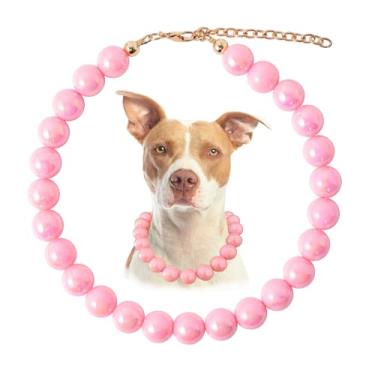 Imagem de Daovace Coleira de pérola com contas para cães, feita à mão, com colar de sino, joia para cães pequenos (66 cm + 7,6 cm, rosa creme