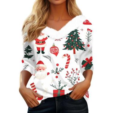 Imagem de Suéteres de Natal COTECRAM para mulheres, manga 3/4, decote em V, verd