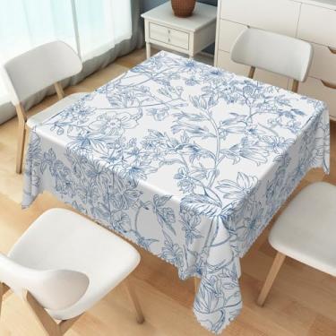 Imagem de TTQYFNM Toalha de mesa quadrada floral azul e branca de 178 x 178 cm, toalha de mesa rústica com flores azuis e plantas, tecido lavável e resistente a amassados, capa de mesa para fazenda, cozinha
