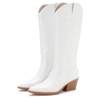 Imagem de ElegaStep Botas femininas de caubói ocidental, cano alto, simples, com sola de borracha confortável para uso diário, Puwhite, 38