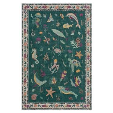 Imagem de Tapete macio de borracha antiderrapante de lã sintética lavável com animais marinhos para sala de jogos, banheiro, sala de estar, quarto, cabeceira, praia, fofo, náutico, berçário, tapete (esmeralda