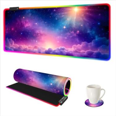 Imagem de DINKY Mouse pad para jogos RGB, grande mousepad com luz LED, teclado de LED de mesa, base de borracha antiderrapante, tapete de mouse grande para jogadores, 90 x 49 cm, nuvens roxas, céu estrelado