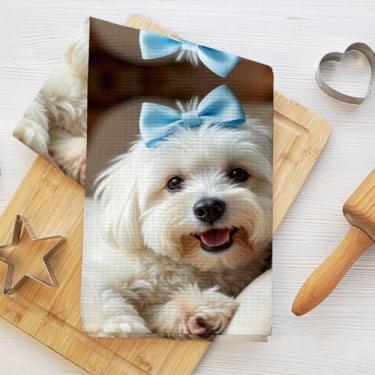 Imagem de Toalhas de cozinha com estampa de cachorro branco sorridente, casa de banho de fazenda pano de prato de microfibra absorvente decorativo toalha de chá toalhas de mão waffle para cozinha casa, presente