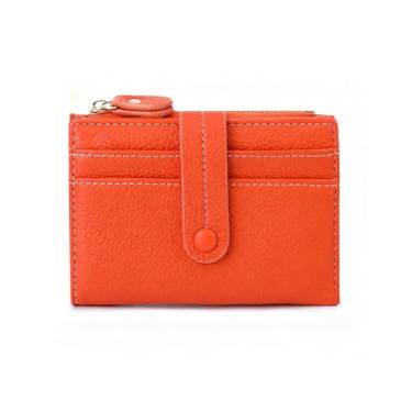 Imagem de Carteira feminina pequena, dobrável, de couro com bloqueio de RFID, porta-moedas com janela para identidade e porta-cartão de crédito, Laranja, liso
