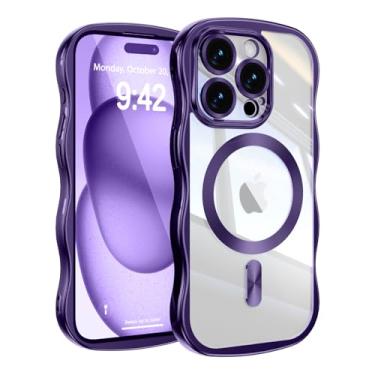Imagem de UEEBAI Capa para iPhone 15 Pro Max, linda capa de celular magnética com moldura ondulada compatível com Magsafe, capa de telefone galvanizada macia para mulheres e meninas - roxa