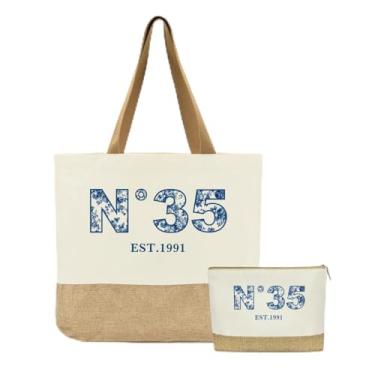 Imagem de Jeteman Presentes de aniversário de 35 anos para mulheres, bolsa de aniversário de 35 anos, presentes para amigas, irmãs, mãe, avó, esposa, tia, reutilizável de serapilheira azul floral 1991 e bolsas