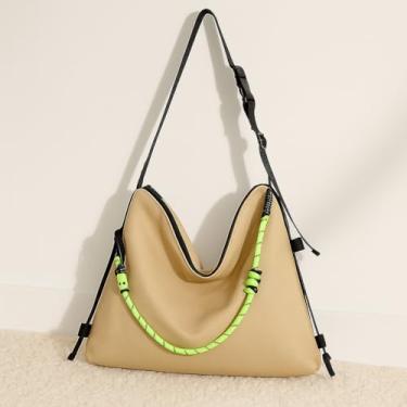 Imagem de Bolsa transversal de lona com cordão para mulheres – Bolsa de ombro simples de grande capacidade com fecho de zíper, Caqui, Medium, Mochila casual