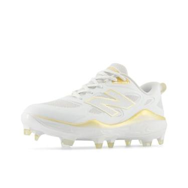 Imagem de New Balance Tênis de softbol feminino Fresh Foam Velo V4 moldado, Branco/Ouro, 7.5