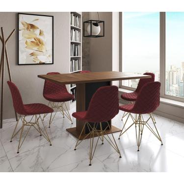 Imagem de Mesa Jantar Londres Retangular Amêndoa 137X90 Base Preta 6 Cadeiras Estofadas Vermelho Base Dourado