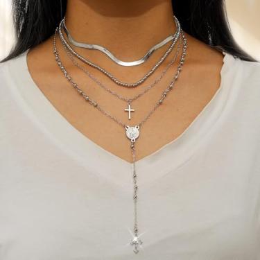 Imagem de Colares femininos minimalistas em camadas, rosário religioso, crucifixo, gargantilha com pingente de cruz, joias modernas, 36+7cm, Ferro Metal, Sem Pedra Preciosa