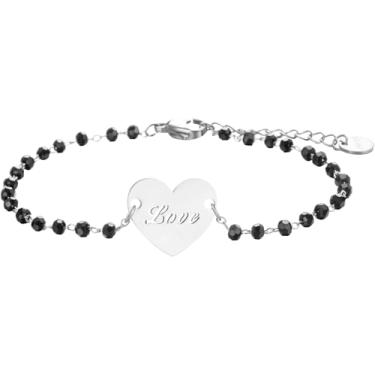 Imagem de Pulseira feminina em forma de coração, pingente de amor de aço inoxidável com contas pretas, pulseira banhada a ouro com letras de amor simples para presentes femininos, One Size, Aço inoxidável, Sem