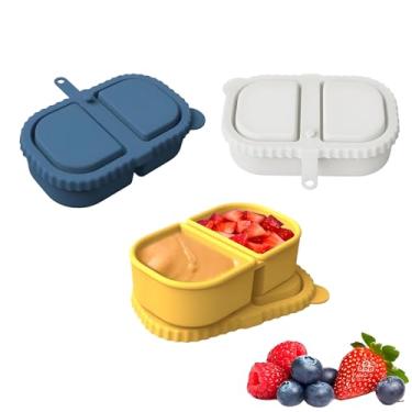 Imagem de stuuikf Embalagem com 3 recipientes reutilizáveis para lanches com tampas, compartimento duplo de silicone para viagem, escritório, piquenique (amarelo, azul, creme) (3)
