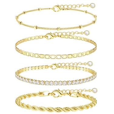 Imagem de TEN MIRO Pulseiras femininas de ouro grosso 16 k que não mancham, pulseiras femininas de corrente grossa em camadas empilhadas, pulseiras de elos à prova d'água, corda de tênis, satélite, miçangas