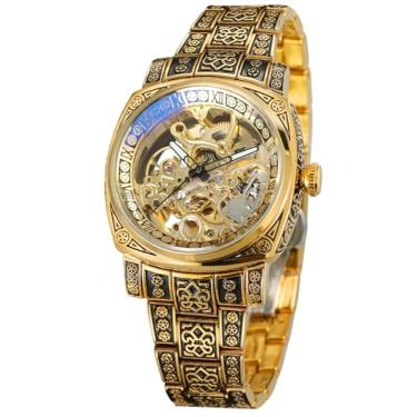 Imagem de WENFVVIN Relógio de pulso masculino automático de alta qualidade vintage esqueleto automático analógico quadrado com pulseira de aço inoxidável, Dourado