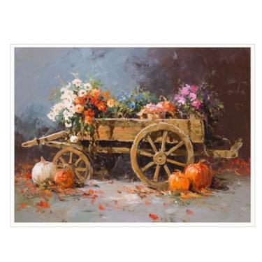 Imagem de Arte de parede de carrinho de abóbora de outono – Impressão em tela de carroça floral rústica com flores e cabaças de outono, pintura a óleo de casa de fazenda rural para decoração de sala de estar