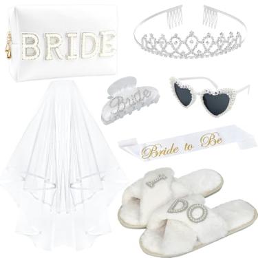 Imagem de Presentes de despedida de solteira para noiva, decorações de despedida de solteira, véu de casamento, bolsa de maquiagem de noiva, chinelos de noiva, faixa de noiva, clipe de cabelo de noiva