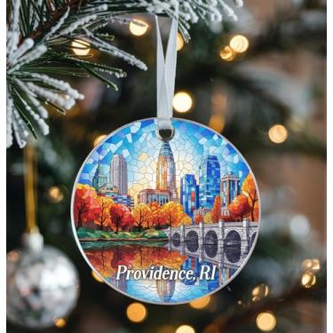 Imagem de Ornamento acrílico de vitral Providence Ri - Lembrança de vista do rio do horizonte da cidade, presente de lembrança de viagem dupla face para amigos e familiares, amantes de Rhode Island, decoração