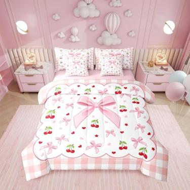 Imagem de Erosebridal Jogo de cama solteiro com laço de cereja, rosa, xadrez, rosa, 7 peças, com laço, frutas, kawaii, lençol com lençol quadriculado, branco, princesa, vermelho, conjunto de cama para