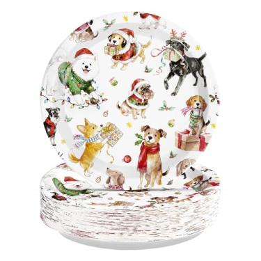 Imagem de Greencian 50 peças de artigos de festa de Natal para cachorro feliz, pratos de papel descartáveis com estampa de cachorro, decorações para filhotes, aniversários, piqueniques, chás de bebê, presentes