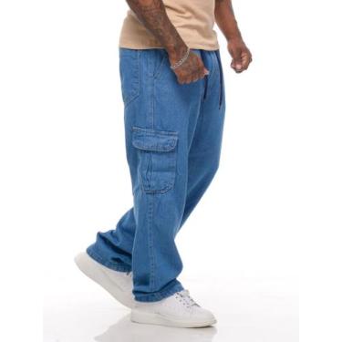 Imagem de Calças Cargo Masculina Jeans Larga Bolso Lateral Streetwear - Volgue, 