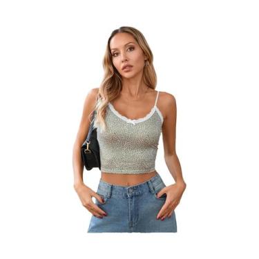 Imagem de Top Feminino Slim De Verão Com Estampa De Leopardo E Detalhes Em Renda