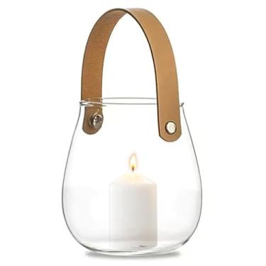 Imagem de Aguoqwen Suporte de vela pendurado com alça de couro, 1 peça de suporte de luz de chá de vidro transparente, mesa pequena centro de mesa decoração de casamento festa jantar decorações de casa