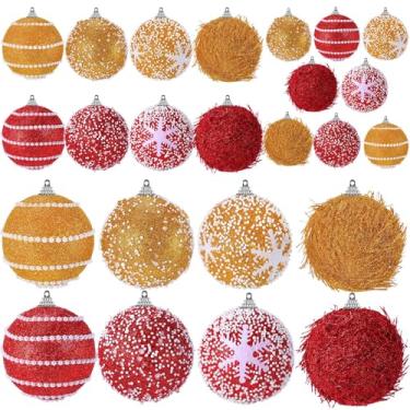 Imagem de VioraWhite 24 peças de enfeites de bola de glitter de Natal, tamanhos variados, enfeite de árvore de Natal de espuma, bolas penduradas para festas de Natal, Ano Novo, decorações de casa (vermelho