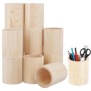 Imagem de GINLANK Pacote com 12 porta-lápis redondos de madeira de 10 cm, organizador de mesa de madeira inacabada para artesanato DIY (7 x 7 x 10 cm)