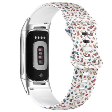 Imagem de Pulseira de silicone macio compatível com Fitbit Charge 5/Fitbit Charge 6 (ícones de Natal) pulseira esportiva macia para mulheres e homens