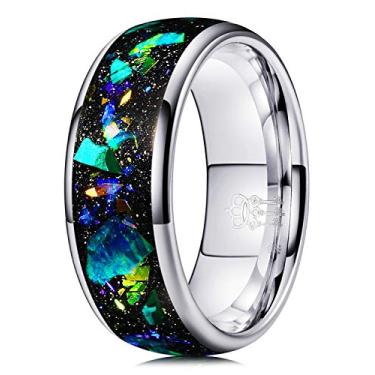 Imagem de THREE KEYS JEWELRY Masculino 8 mm Carboneto de Tungstênio Preto Areia com Opala Tigre Pedra Incrustada Alianças de Casamento para Homens 13