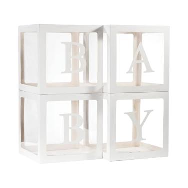 Imagem de Caixas de bebê com letras para chá de bebê, 4 caixas de balão transparentes com 4 conjuntos de letras para bebês e 26 letras para decoração de revelação de gênero, aniversário, casamento, formatura