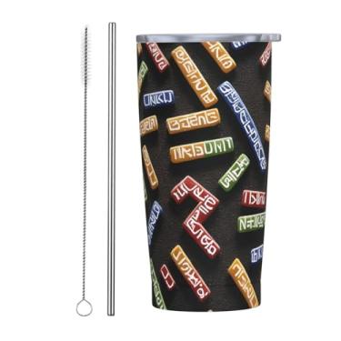 Imagem de Zeraoke Caneca de aço inoxidável com tampa de canudo de 590 ml com estampa de barra em formato de runa, caneca de canudo de carro, mantém as bebidas frias para escritório, casa, funciona muito bem