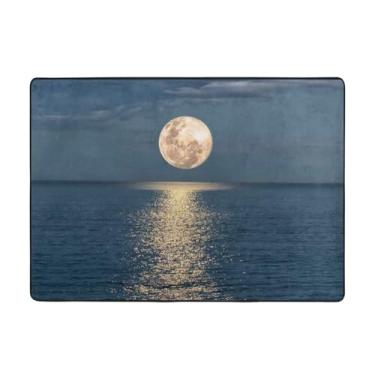 Imagem de Tapete de área hippie lua brilhante no mar, 148 x 203 cm, tapete de área de sala de estar moderno lavável, tapete de área grande de luxo com absorção de água, tapetes macios antiderrapantes para