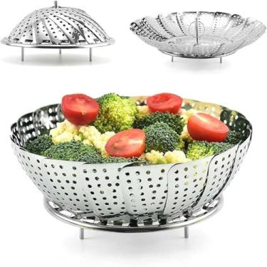 Imagem de Cesta de metal inoxidavel, dobravel para cozinhar vegetais, portatil e resistente, brilhante