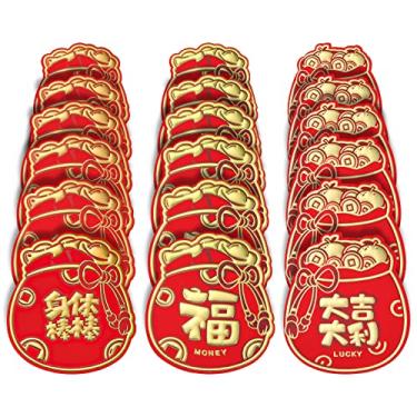 Imagem de 18 envelopes vermelhos chineses, envelopes vermelhos de ano novo lunar em forma de saco da sorte, envelopes de dinheiro da sorte de 14 x 12 cm Hong Bao com palavras de bênção chinesas para o festival